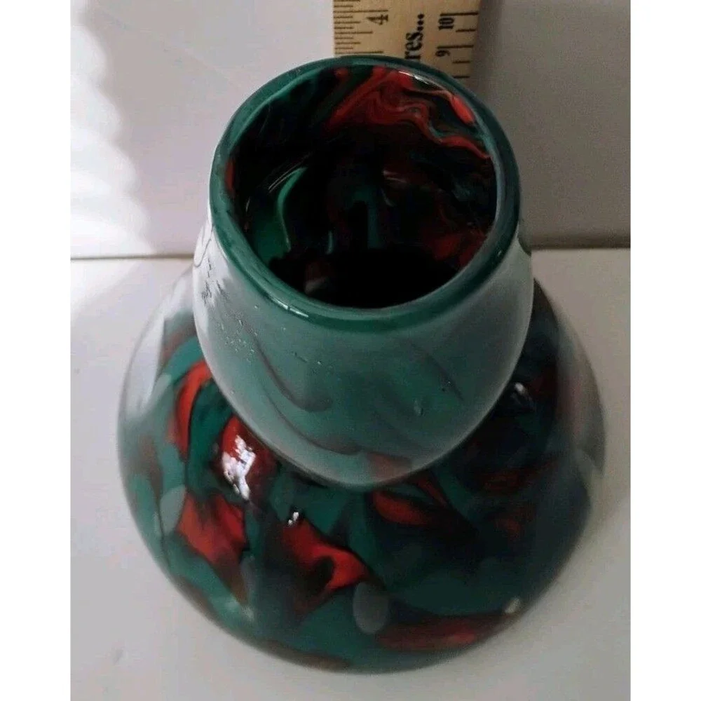Vintage Hand Blown Swirl Art Glass Vase Emerald Green Crimson Signed Val 00